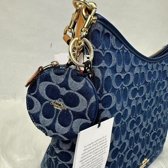 Coach Circular Coin Pouch Bag Charm In Signature Gold/Denim/Natural NWT CZ256 - Picture 9 of 10